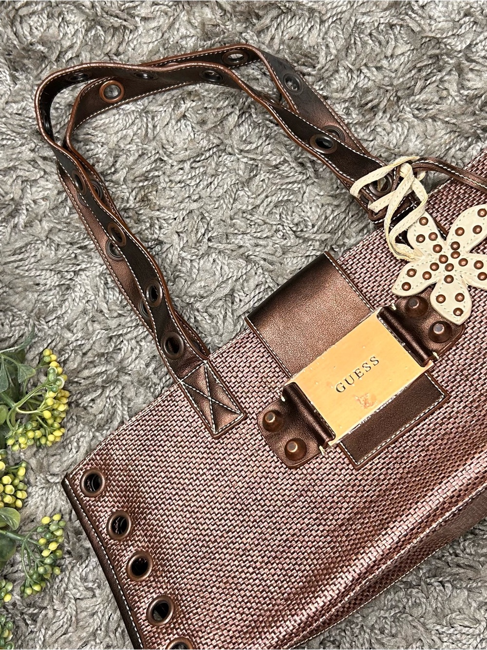 GUESS Brown Woven Shoulder Tote with Gold Logo Plaque